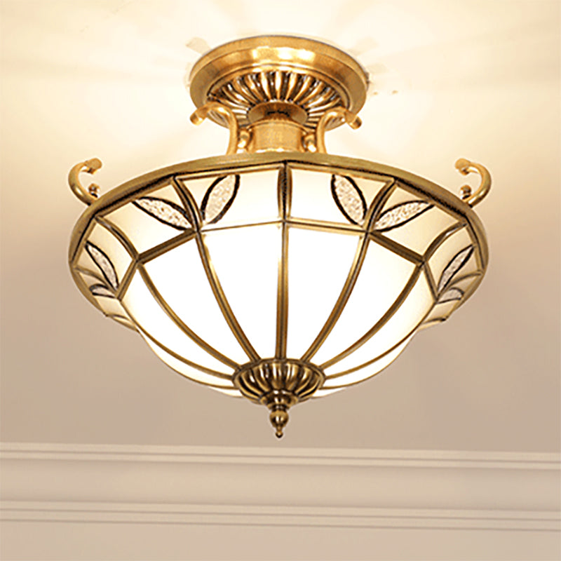 Brass 3 Heads Semi Flush Light Colonialism Sandblasted Glass Dome Ceiling Fixture for Porch Clearhalo 'Ceiling Lights' 'Close To Ceiling Lights' 'Close to ceiling' 'Glass shade' 'Glass' 'Semi-flushmount' Lighting' 271501