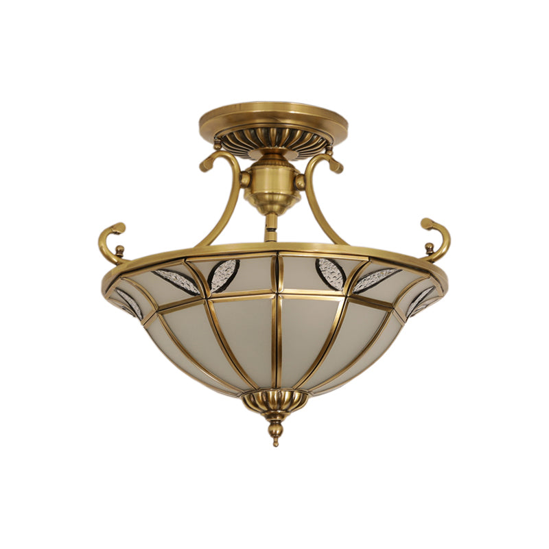 Brass 3 Heads Semi Flush Light Colonialism Sandblasted Glass Dome Ceiling Fixture for Porch Clearhalo 'Ceiling Lights' 'Close To Ceiling Lights' 'Close to ceiling' 'Glass shade' 'Glass' 'Semi-flushmount' Lighting' 271503