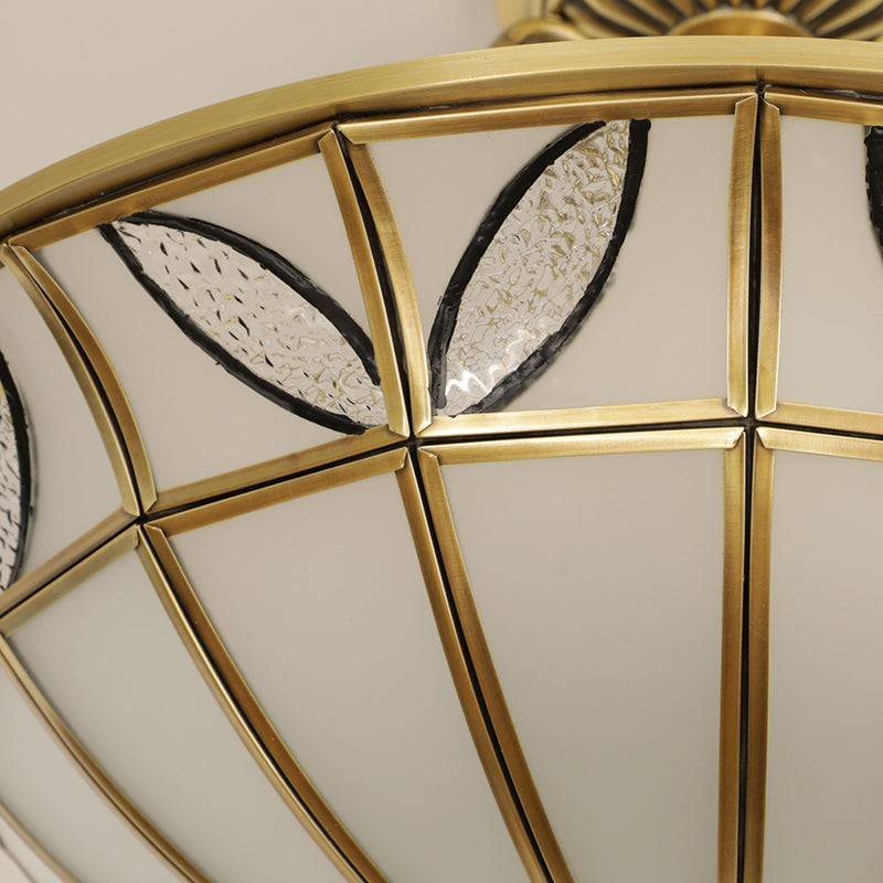 Brass 3 Heads Semi Flush Light Colonialism Sandblasted Glass Dome Ceiling Fixture for Porch Clearhalo 'Ceiling Lights' 'Close To Ceiling Lights' 'Close to ceiling' 'Glass shade' 'Glass' 'Semi-flushmount' Lighting' 271505