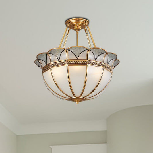 Bowl Milky Glass Ceiling Lighting Colonial 4 Bulbs Living Room Semi Flush Mount Ceiling Light in Brass Brass Clearhalo 'Ceiling Lights' 'Close To Ceiling Lights' 'Close to ceiling' 'Glass shade' 'Glass' 'Semi-flushmount' Lighting' 271506