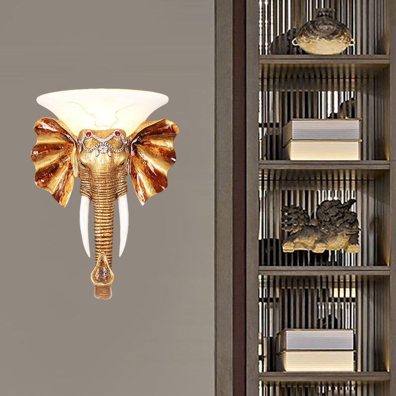 12.5"/17" W Resin Elephant Flush Wall Sconce Exquisite Colonial 1 Bulb Gold Finish Wall Mounted Lighting Clearhalo 'Wall Lamps & Sconces' 'Wall Lights' Lighting' 271513