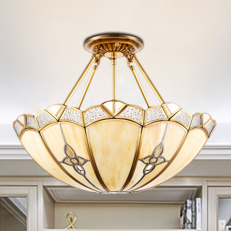 18"/19.5" W Dome Bedroom Semi-Flush Mount Light Colonial Frosted Glass 4 Bulbs Brass Close to Ceiling Lighting Fixture Brass 19.5" Clearhalo 'Ceiling Lights' 'Close To Ceiling Lights' 'Close to ceiling' 'Glass shade' 'Glass' 'Semi-flushmount' Lighting' 271522