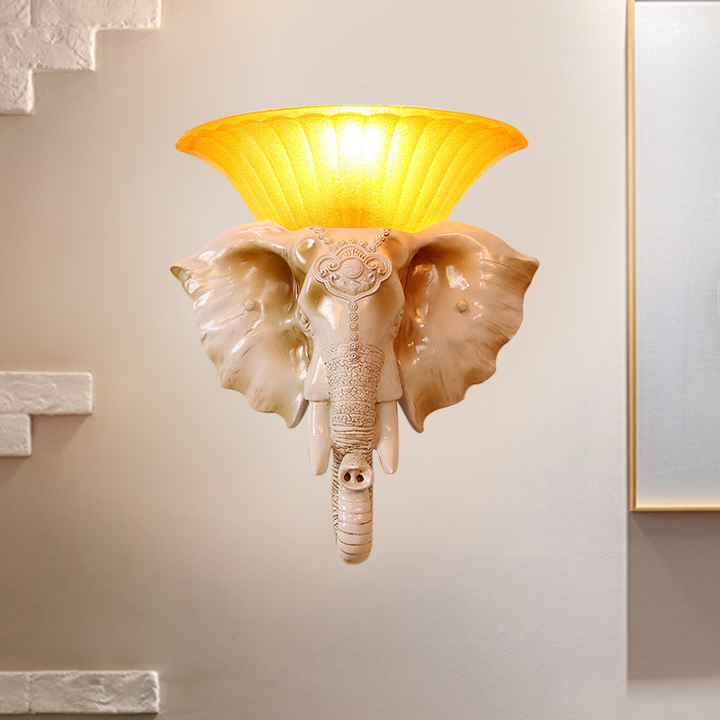 Resin White/Golden Sconce Light Embossed Elephant Single Light Asian Wall Lighting Fixture White Clearhalo 'Wall Lamps & Sconces' 'Wall Lights' Lighting' 271533