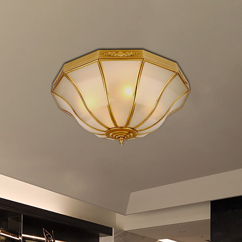 14.5"/18.5" W 3/4-Light Opal Glass Flush Light Colonialist Brass Flared Bedroom Close to Ceiling Lighting Brass Clearhalo 'Ceiling Lights' 'Close To Ceiling Lights' 'Close to ceiling' 'Flush mount' Lighting' 271538