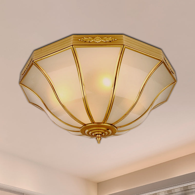 14.5"/18.5" W 3/4-Light Opal Glass Flush Light Colonialist Brass Flared Bedroom Close to Ceiling Lighting Clearhalo 'Ceiling Lights' 'Close To Ceiling Lights' 'Close to ceiling' 'Flush mount' Lighting' 271539