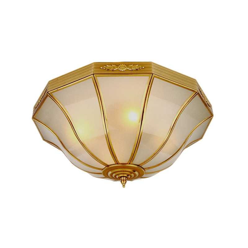 14.5"/18.5" W 3/4-Light Opal Glass Flush Light Colonialist Brass Flared Bedroom Close to Ceiling Lighting Clearhalo 'Ceiling Lights' 'Close To Ceiling Lights' 'Close to ceiling' 'Flush mount' Lighting' 271541