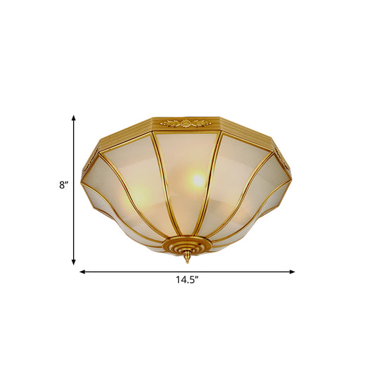 14.5"/18.5" W 3/4-Light Opal Glass Flush Light Colonialist Brass Flared Bedroom Close to Ceiling Lighting Clearhalo 'Ceiling Lights' 'Close To Ceiling Lights' 'Close to ceiling' 'Flush mount' Lighting' 271542