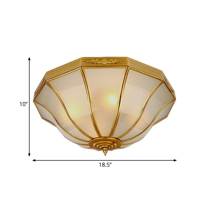 14.5"/18.5" W 3/4-Light Opal Glass Flush Light Colonialist Brass Flared Bedroom Close to Ceiling Lighting Clearhalo 'Ceiling Lights' 'Close To Ceiling Lights' 'Close to ceiling' 'Flush mount' Lighting' 271543