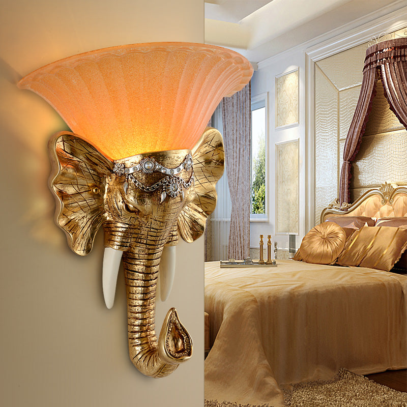 1-Light Flared Wall Mount Lamp Modern Amber Sandblasted Glass Sconce Lighting with Gold Resin Elephant Clearhalo 'Wall Lamps & Sconces' 'Wall Lights' Lighting' 271545