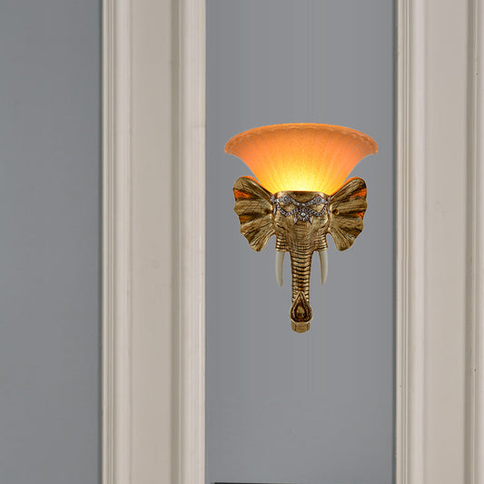 1-Light Flared Wall Mount Lamp Modern Amber Sandblasted Glass Sconce Lighting with Gold Resin Elephant Clearhalo 'Wall Lamps & Sconces' 'Wall Lights' Lighting' 271546