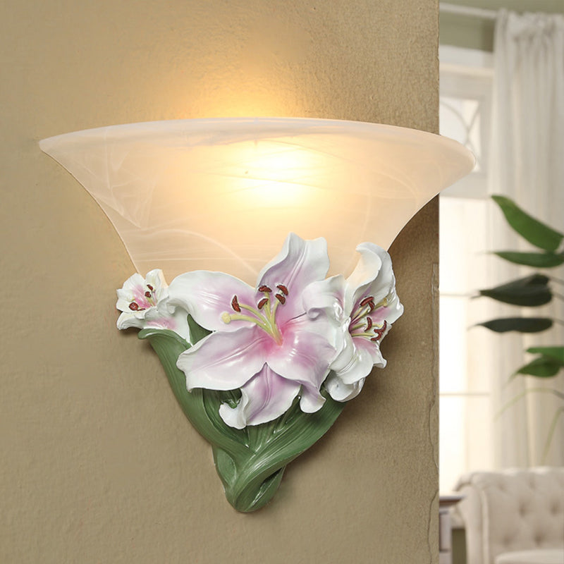 White/Pink Lily Wall Light Contemporary Resin 1 Head Wall Lighting Ideas with Frosted Glass Shade Pink Clearhalo 'Wall Lamps & Sconces' 'Wall Lights' Lighting' 271567