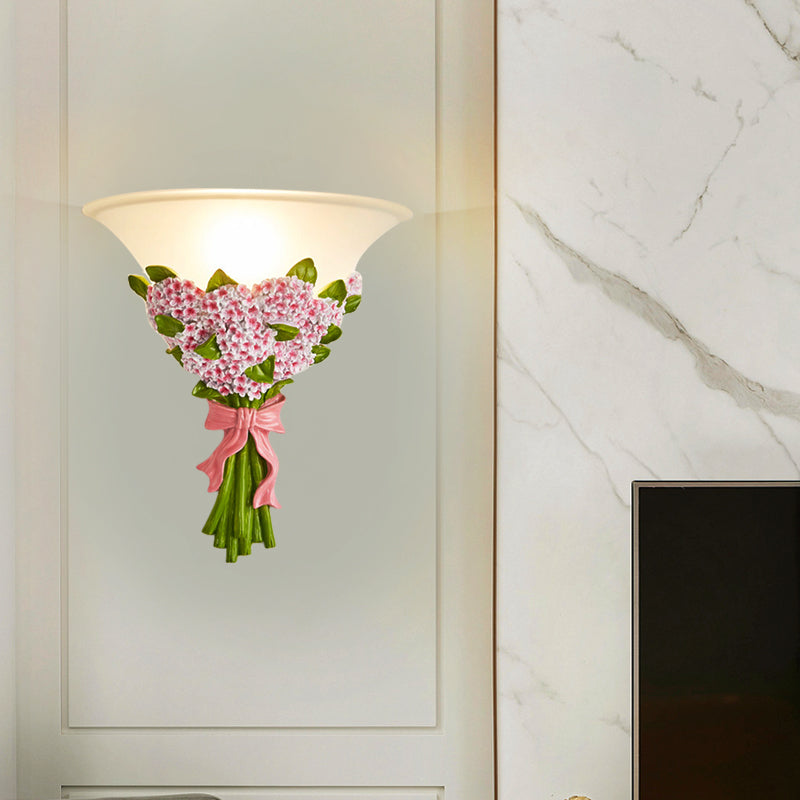 1-Head Frosted Glass Sconce Light Modern White Tapered Wall Lamp with Yellow/Pink Gypsophila Bouquet Element Pink Clearhalo 'Wall Lamps & Sconces' 'Wall Lights' Lighting' 271595