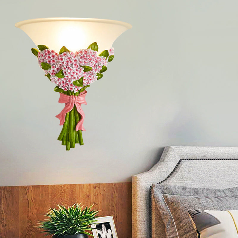 1-Head Frosted Glass Sconce Light Modern White Tapered Wall Lamp with Yellow/Pink Gypsophila Bouquet Element Clearhalo 'Wall Lamps & Sconces' 'Wall Lights' Lighting' 271596