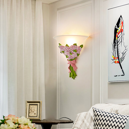 1-Head Frosted Glass Sconce Light Modern White Tapered Wall Lamp with Yellow/Pink Gypsophila Bouquet Element Clearhalo 'Wall Lamps & Sconces' 'Wall Lights' Lighting' 271597