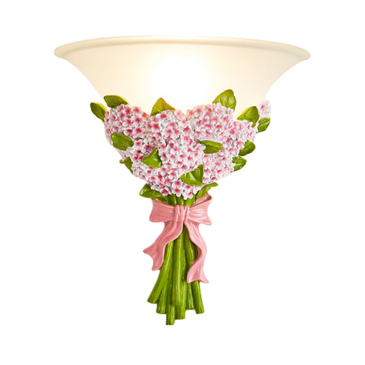 1-Head Frosted Glass Sconce Light Modern White Tapered Wall Lamp with Yellow/Pink Gypsophila Bouquet Element Clearhalo 'Wall Lamps & Sconces' 'Wall Lights' Lighting' 271598