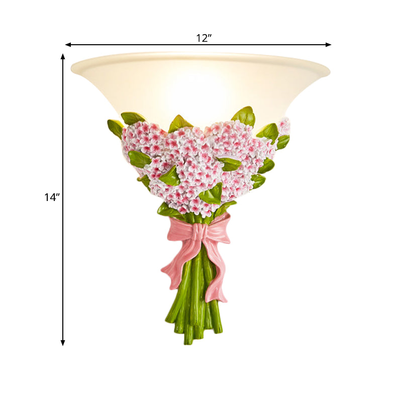 1-Head Frosted Glass Sconce Light Modern White Tapered Wall Lamp with Yellow/Pink Gypsophila Bouquet Element Clearhalo 'Wall Lamps & Sconces' 'Wall Lights' Lighting' 271599