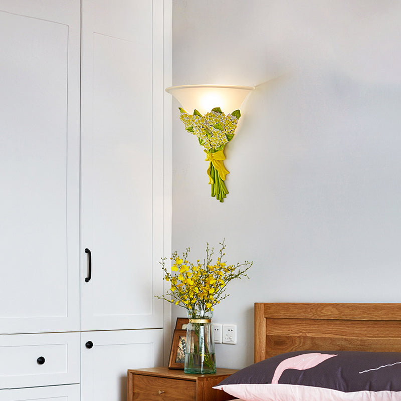 1-Head Frosted Glass Sconce Light Modern White Tapered Wall Lamp with Yellow/Pink Gypsophila Bouquet Element Clearhalo 'Wall Lamps & Sconces' 'Wall Lights' Lighting' 271602