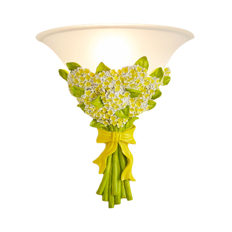 1-Head Frosted Glass Sconce Light Modern White Tapered Wall Lamp with Yellow/Pink Gypsophila Bouquet Element Clearhalo 'Wall Lamps & Sconces' 'Wall Lights' Lighting' 271603