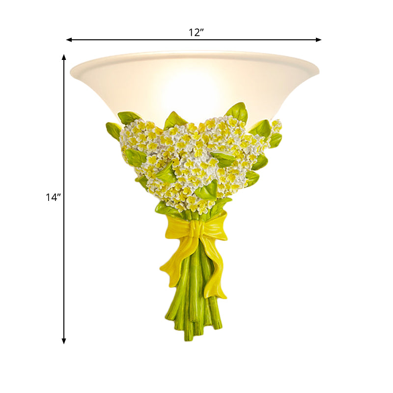 1-Head Frosted Glass Sconce Light Modern White Tapered Wall Lamp with Yellow/Pink Gypsophila Bouquet Element Clearhalo 'Wall Lamps & Sconces' 'Wall Lights' Lighting' 271604