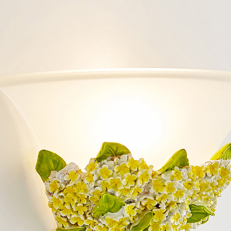 1-Head Frosted Glass Sconce Light Modern White Tapered Wall Lamp with Yellow/Pink Gypsophila Bouquet Element Clearhalo 'Wall Lamps & Sconces' 'Wall Lights' Lighting' 271605