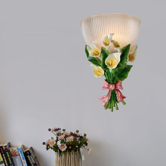 Dome Shape Wall Lamp Modern Stylish Ribbed Glass 1 Bulb White Sconce Lighting with Green Bouquet Detail Clearhalo 'Wall Lamps & Sconces' 'Wall Lights' Lighting' 271614