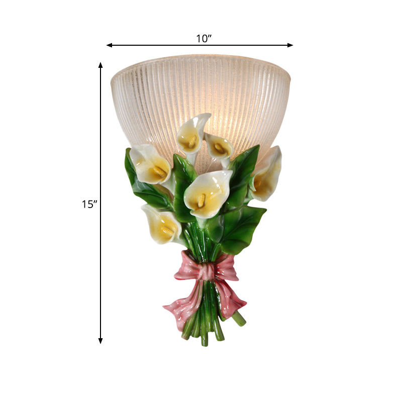 Dome Shape Wall Lamp Modern Stylish Ribbed Glass 1 Bulb White Sconce Lighting with Green Bouquet Detail Clearhalo 'Wall Lamps & Sconces' 'Wall Lights' Lighting' 271616