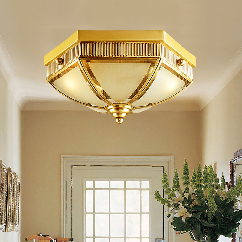 Scalloped Frosted Glass Ceiling Lamp Colonial 2 Bulbs Hallway Flush Mount Light in Gold Clearhalo 'Ceiling Lights' 'Close To Ceiling Lights' 'Close to ceiling' 'Flush mount' Lighting' 271624