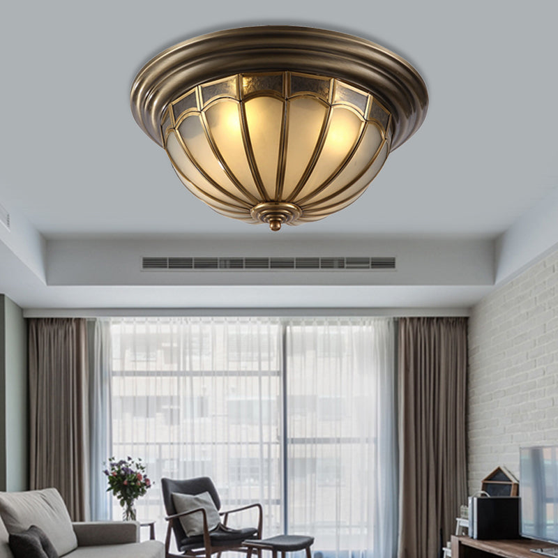 Frosted Glass Bowl Ceiling Light Colonial 4 Bulbs Bedroom Flush Mount Lamp in Antique Brass Antique Brass Clearhalo 'Ceiling Lights' 'Close To Ceiling Lights' 'Close to ceiling' 'Flush mount' Lighting' 271638