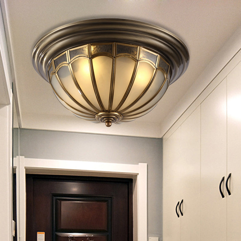 Frosted Glass Bowl Ceiling Light Colonial 4 Bulbs Bedroom Flush Mount Lamp in Antique Brass Clearhalo 'Ceiling Lights' 'Close To Ceiling Lights' 'Close to ceiling' 'Flush mount' Lighting' 271639