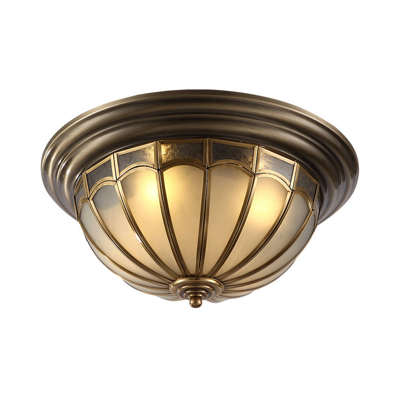 Frosted Glass Bowl Ceiling Light Colonial 4 Bulbs Bedroom Flush Mount Lamp in Antique Brass Clearhalo 'Ceiling Lights' 'Close To Ceiling Lights' 'Close to ceiling' 'Flush mount' Lighting' 271641