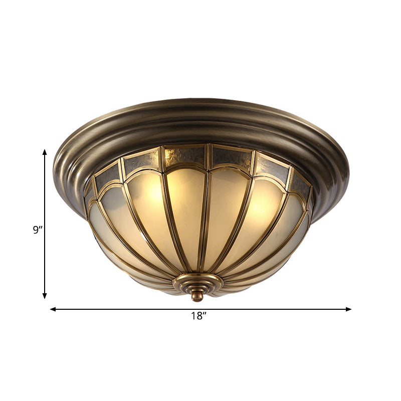 Frosted Glass Bowl Ceiling Light Colonial 4 Bulbs Bedroom Flush Mount Lamp in Antique Brass Clearhalo 'Ceiling Lights' 'Close To Ceiling Lights' 'Close to ceiling' 'Flush mount' Lighting' 271642