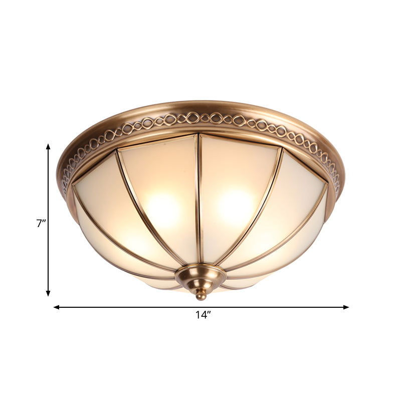 Colonial Dome Ceiling Flush Mount Light 3 Bulbs Ivory Glass Lighting Fixture in Brass for Bedroom Clearhalo 'Ceiling Lights' 'Close To Ceiling Lights' 'Close to ceiling' 'Flush mount' Lighting' 271653