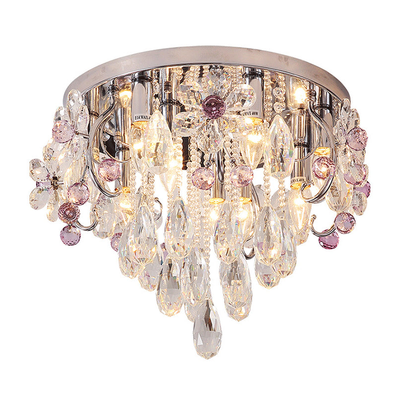 Teardrop Flushmount Modernist Crystal 6/9 Heads Stainless-Steel Ceiling Light Fixture, 19"/25.5" Wide Clearhalo 'Ceiling Lights' 'Close To Ceiling Lights' 'Close to ceiling' 'Flush mount' Lighting' 271684