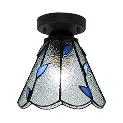 Conic Ceiling Light Fixture Vintage Stained Glass 1 Light Ceiling Fixture in White/Clear/Beige for Bedroom Clear Clearhalo 'Ceiling Lights' 'Close To Ceiling Lights' 'Close to ceiling' 'Glass shade' 'Glass' 'Semi-flushmount' 'Tiffany close to ceiling' 'Tiffany' Lighting' 27169