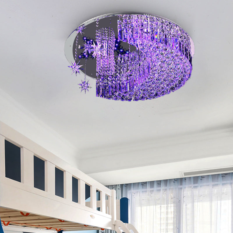 Moon Flush Light Modern Crystal 4/5/11 Bulbs Stainless-Steel Close to Ceiling Lamp, 16"/19.5"/31.5" Wide Stainless-Steel Clearhalo 'Ceiling Lights' 'Close To Ceiling Lights' 'Close to ceiling' 'Flush mount' Lighting' 271717