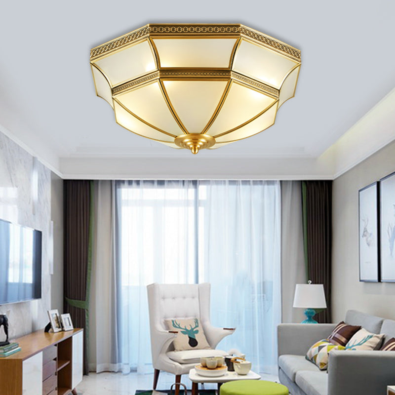 Opal-White Glass Brass Ceiling Mount Dome 3/4-Light Colonialism Flush Mount Chandelier for Bedroom, 14"/18" W Brass Clearhalo 'Ceiling Lights' 'Close To Ceiling Lights' 'Close to ceiling' 'Flush mount' Lighting' 271724