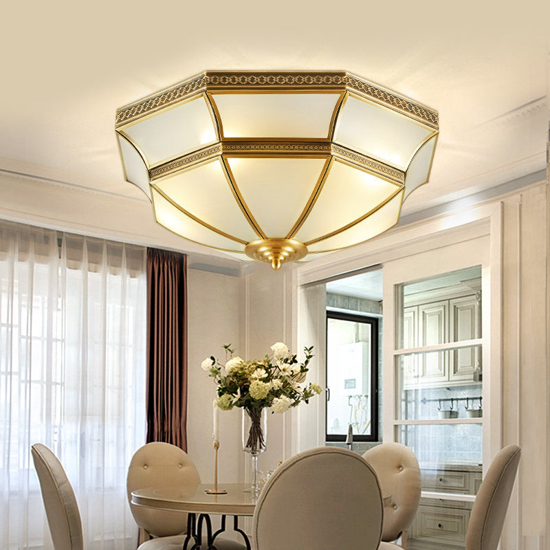 Opal-White Glass Brass Ceiling Mount Dome 3/4-Light Colonialism Flush Mount Chandelier for Bedroom, 14"/18" W Clearhalo 'Ceiling Lights' 'Close To Ceiling Lights' 'Close to ceiling' 'Flush mount' Lighting' 271725