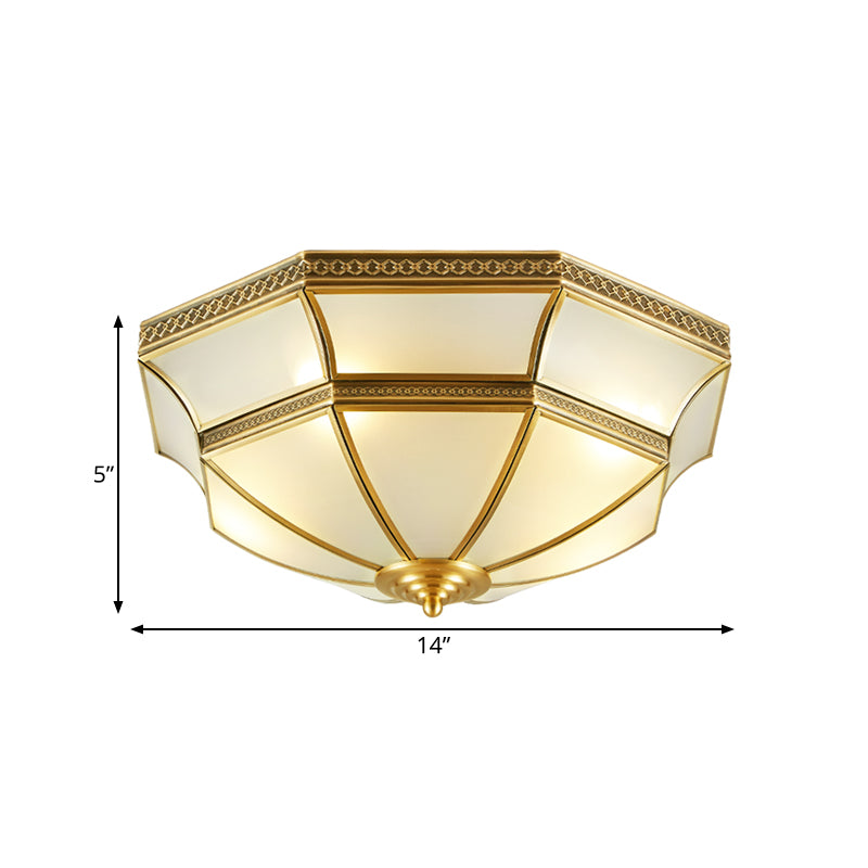 Opal-White Glass Brass Ceiling Mount Dome 3/4-Light Colonialism Flush Mount Chandelier for Bedroom, 14"/18" W Clearhalo 'Ceiling Lights' 'Close To Ceiling Lights' 'Close to ceiling' 'Flush mount' Lighting' 271728