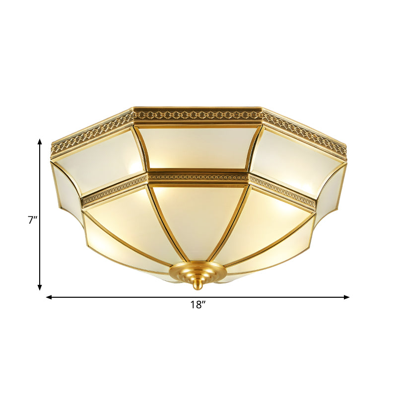 Opal-White Glass Brass Ceiling Mount Dome 3/4-Light Colonialism Flush Mount Chandelier for Bedroom, 14"/18" W Clearhalo 'Ceiling Lights' 'Close To Ceiling Lights' 'Close to ceiling' 'Flush mount' Lighting' 271729