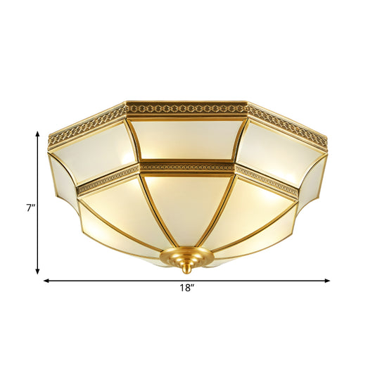 Opal-White Glass Brass Ceiling Mount Dome 3/4-Light Colonialism Flush Mount Chandelier for Bedroom, 14"/18" W Clearhalo 'Ceiling Lights' 'Close To Ceiling Lights' 'Close to ceiling' 'Flush mount' Lighting' 271729