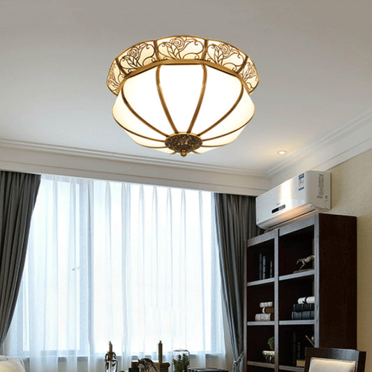 Cream Glass Dome Ceiling Lighting Colonial 5 Heads Bedroom Flush Mount Fixture in Brass Brass Clearhalo 'Ceiling Lights' 'Close To Ceiling Lights' 'Close to ceiling' 'Flush mount' Lighting' 271769