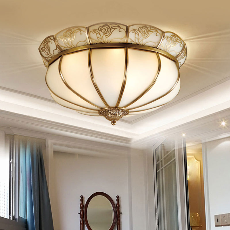 Cream Glass Dome Ceiling Lighting Colonial 5 Heads Bedroom Flush Mount Fixture in Brass Clearhalo 'Ceiling Lights' 'Close To Ceiling Lights' 'Close to ceiling' 'Flush mount' Lighting' 271770