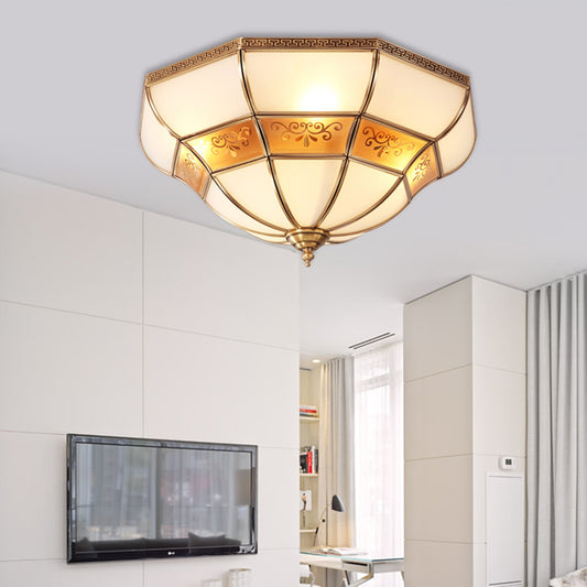 Colonialism Bell Ceiling Mount Light Fixture 3 Bulbs Ivory Glass Flush Mount Chandelier in Brass for Bedroom Brass Clearhalo 'Ceiling Lights' 'Close To Ceiling Lights' 'Close to ceiling' 'Flush mount' Lighting' 271781