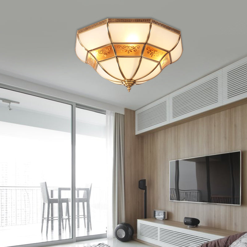 Colonialism Bell Ceiling Mount Light Fixture 3 Bulbs Ivory Glass Flush Mount Chandelier in Brass for Bedroom Clearhalo 'Ceiling Lights' 'Close To Ceiling Lights' 'Close to ceiling' 'Flush mount' Lighting' 271783