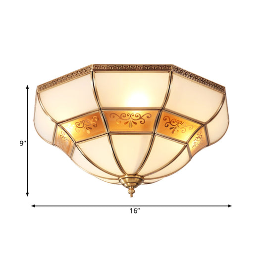 Colonialism Bell Ceiling Mount Light Fixture 3 Bulbs Ivory Glass Flush Mount Chandelier in Brass for Bedroom Clearhalo 'Ceiling Lights' 'Close To Ceiling Lights' 'Close to ceiling' 'Flush mount' Lighting' 271785