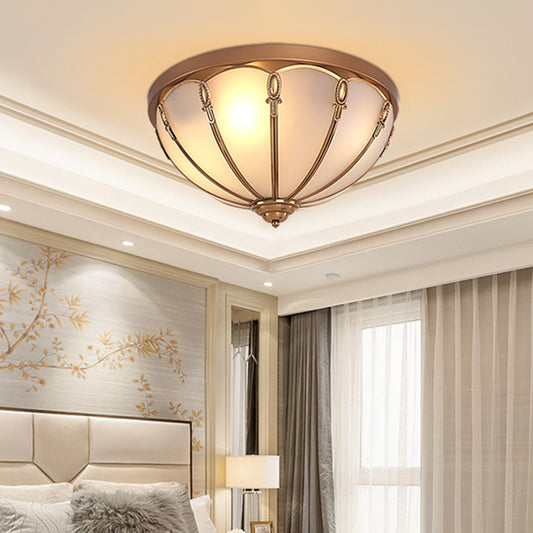 Dome Opaline Glass Ceiling Mounted Fixture Colonial 3/4 Bulbs Bedroom Flush Mount Ceiling Lamp in Brass Brass Clearhalo 'Ceiling Lights' 'Close To Ceiling Lights' 'Close to ceiling' 'Flush mount' Lighting' 271811