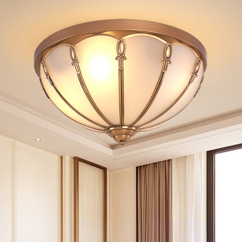 Dome Opaline Glass Ceiling Mounted Fixture Colonial 3/4 Bulbs Bedroom Flush Mount Ceiling Lamp in Brass Clearhalo 'Ceiling Lights' 'Close To Ceiling Lights' 'Close to ceiling' 'Flush mount' Lighting' 271812