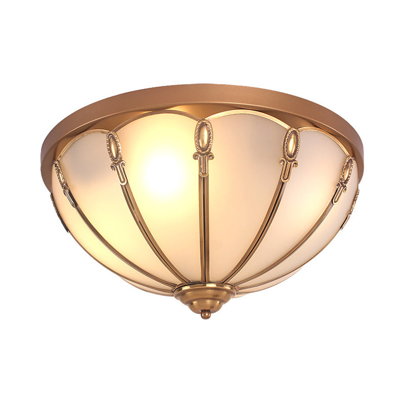 Dome Opaline Glass Ceiling Mounted Fixture Colonial 3/4 Bulbs Bedroom Flush Mount Ceiling Lamp in Brass Clearhalo 'Ceiling Lights' 'Close To Ceiling Lights' 'Close to ceiling' 'Flush mount' Lighting' 271814