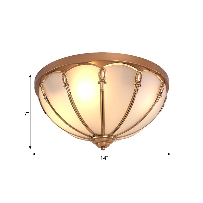 Dome Opaline Glass Ceiling Mounted Fixture Colonial 3/4 Bulbs Bedroom Flush Mount Ceiling Lamp in Brass Clearhalo 'Ceiling Lights' 'Close To Ceiling Lights' 'Close to ceiling' 'Flush mount' Lighting' 271815