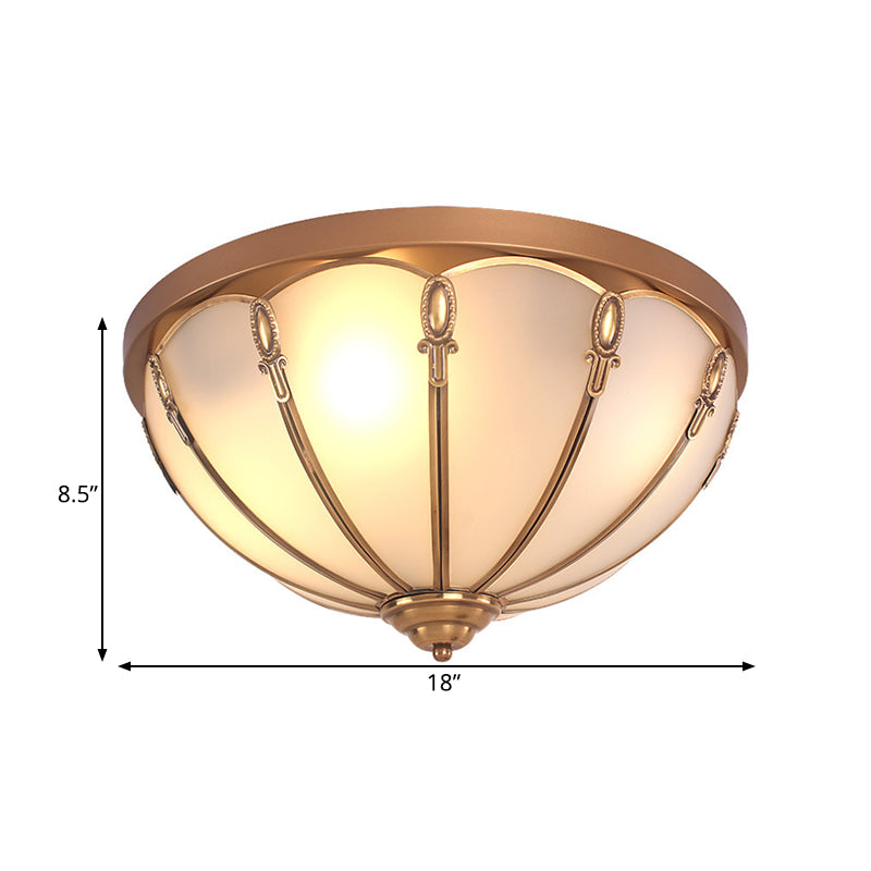 Dome Opaline Glass Ceiling Mounted Fixture Colonial 3/4 Bulbs Bedroom Flush Mount Ceiling Lamp in Brass Clearhalo 'Ceiling Lights' 'Close To Ceiling Lights' 'Close to ceiling' 'Flush mount' Lighting' 271816